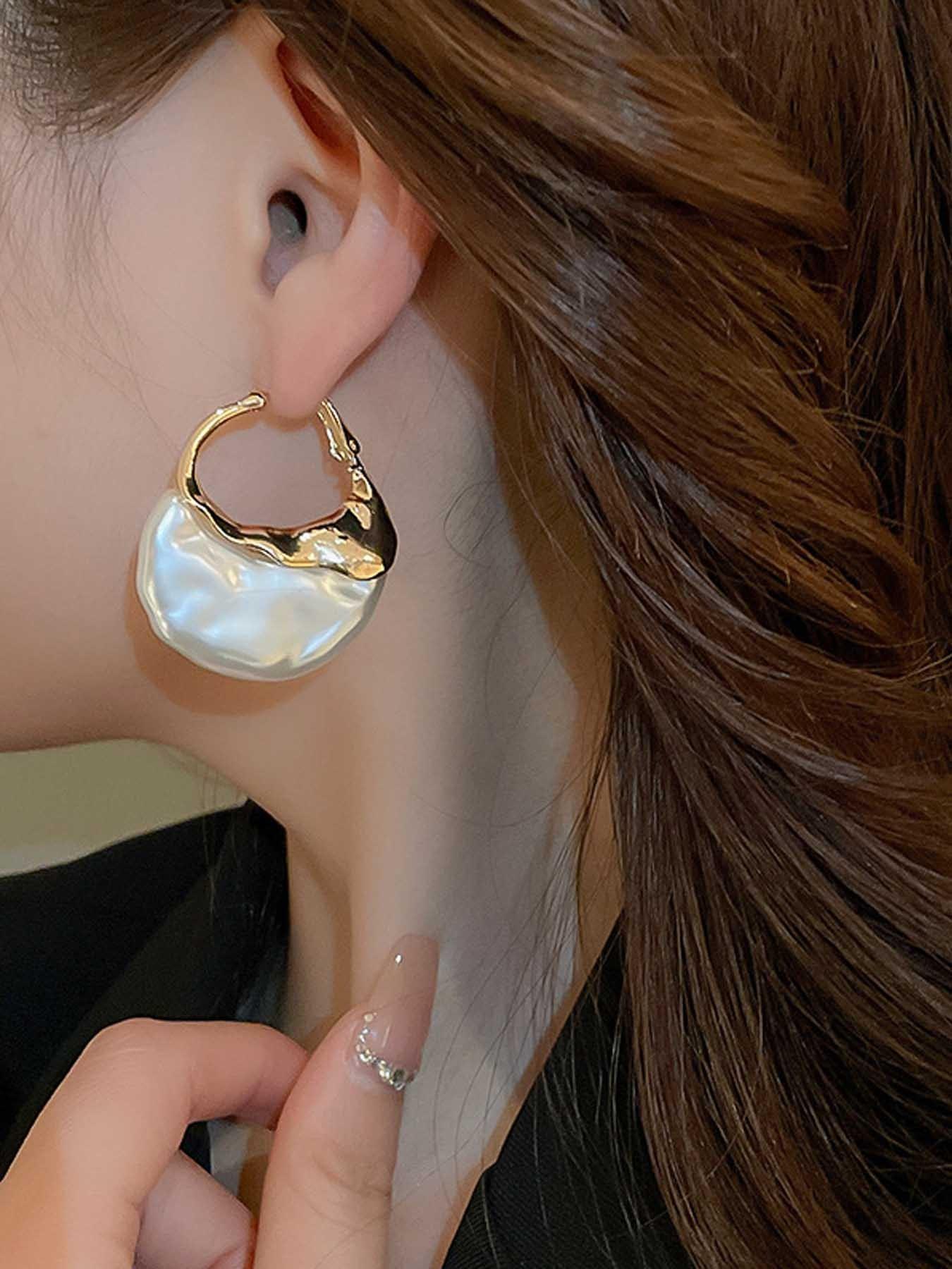 French Style Exaggerated Imitation Pearl Bag Shape Metal Earrings, Fashionable Simple Women's Elegant Creative Party Earrings