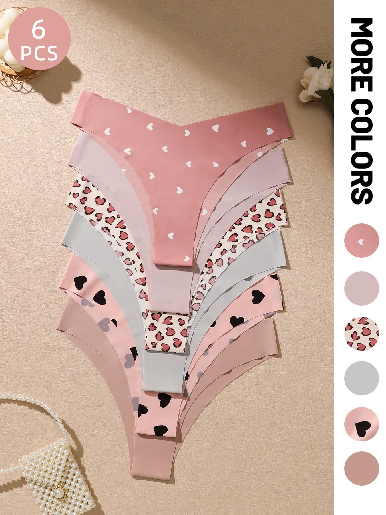 Valentine's Day Gift Set, 6-Pack Women's Seamless Panties, Heart & Leopard Print, Multi-Color Triangle Thongs, Comfortable Underwear