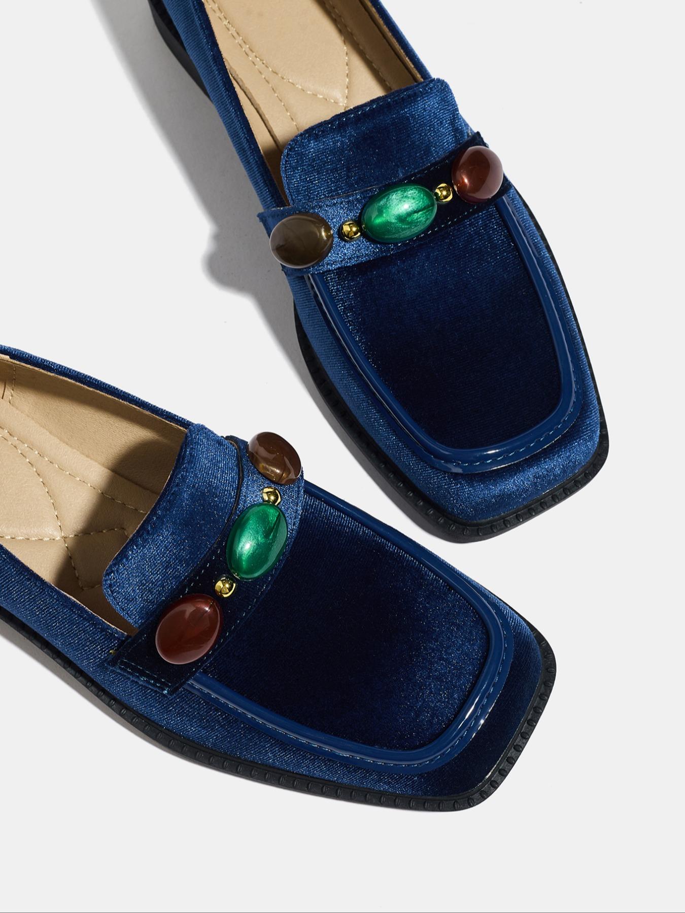 Women's Fashion Fall New Velvet Thick Sole Blue Square Toe Mid Heel Soft Bottom Outdoor Lightweight Breathable Slip-On Loafers