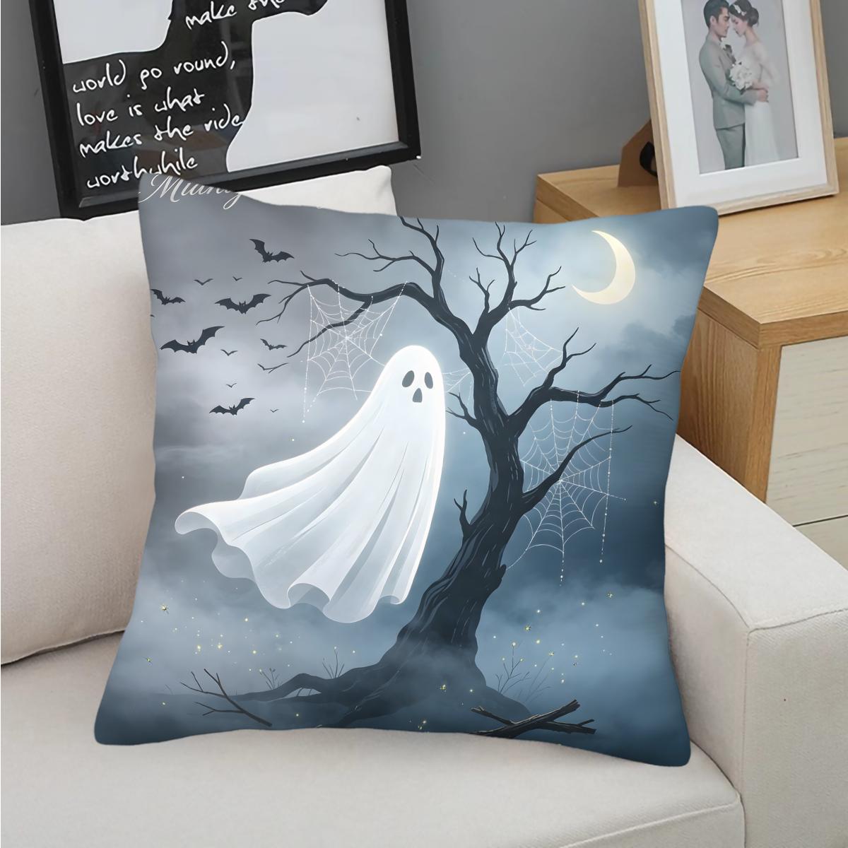 Spooky Halloween Ghost Throw Pillow, featuring bat, bare tree and crescent moon night print, soft durable decorative pillow perfect for sofa, couch, bedroom, living room halloween party decor, comes with pillow insert