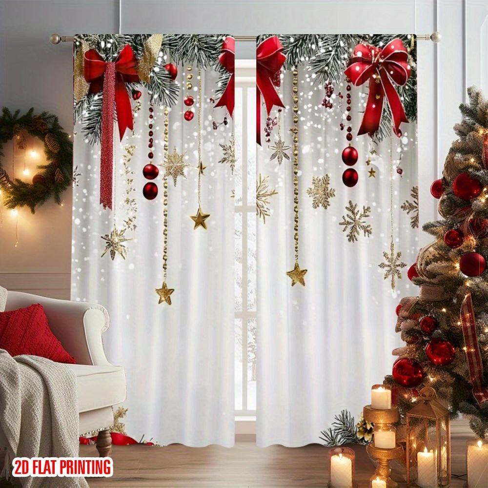 Christmas Theme 2pcs HD Digital Print Bow Bell Curtains, Polyester Material, Semi-Transparent Privacy Protection, Hand Washable, Window Curtain