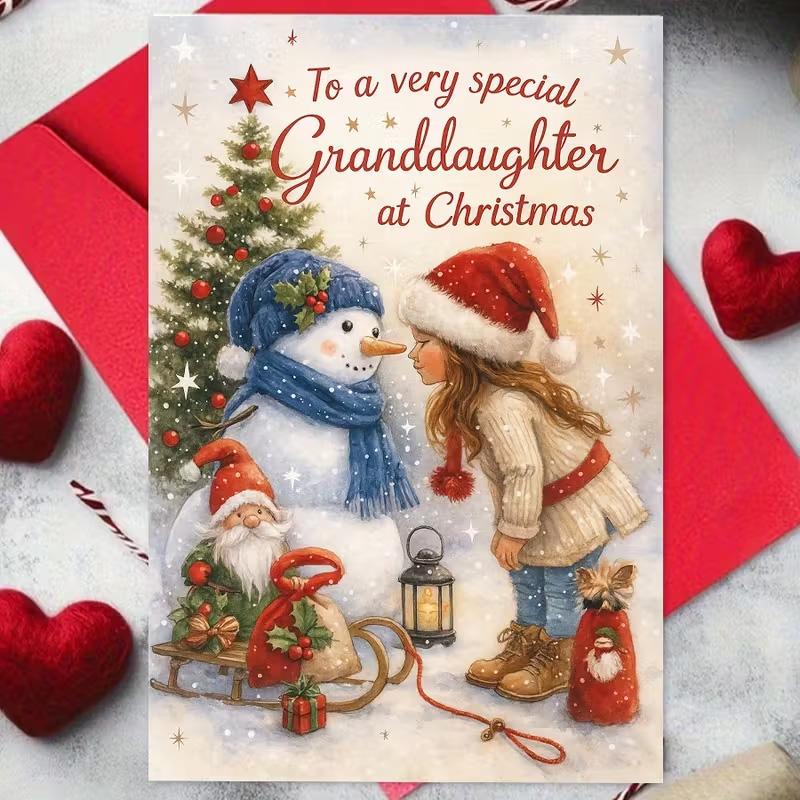 1pc Fun Christmas Card For Granddaughter With Envelope, Snowman And Granddaughter, Heartwarming Winter Scene With Snowflakes, Expressing Love And Joy In Christmas,  Perfect Grandparents Gift For Christmas, New Year, Birthday