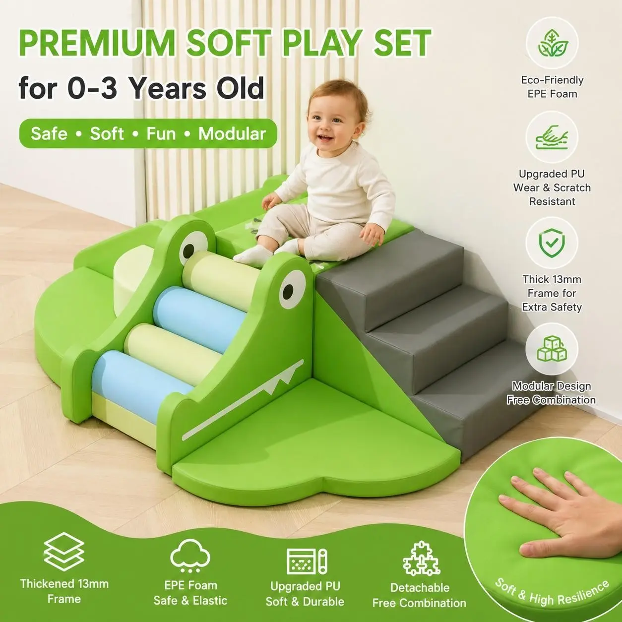 Cute Crocodile Slide for Kids Ages 0-3 Years, Safe Odorless Buildable Toy, Exclusive Exploration Playground Gift for Boys and Girls
