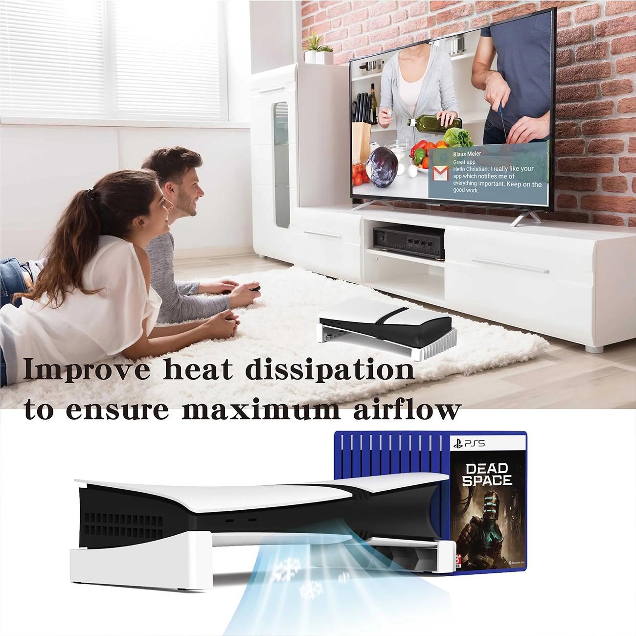 PS5 Horizontal Stand with 12 Disc Storage Slots, ABS Anti Slip Console Base, Space Saving Organizer Compatible with PlayStation 5 Slim and Pro Disc and Digital Editions, Stable Cooling Stand for Gaming Setup and Home Entertainment, Game Night Gadget