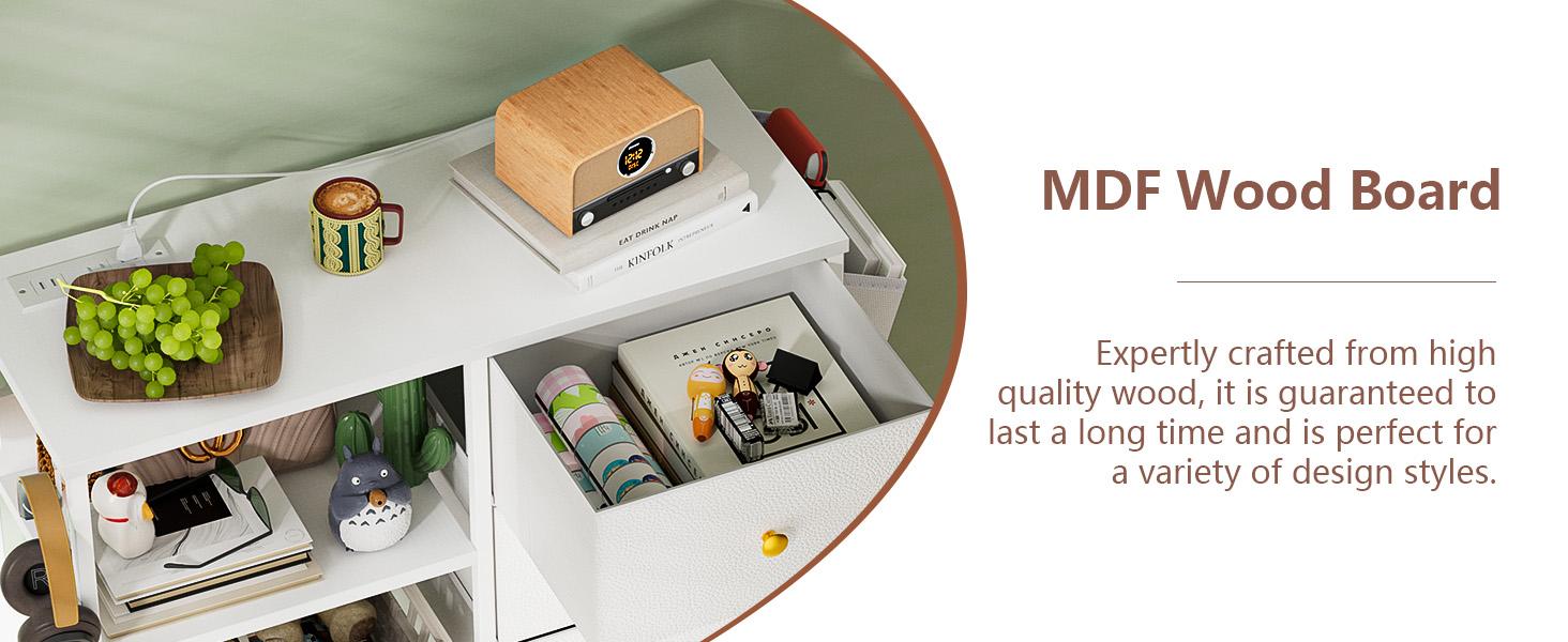 Tall Nightstand with LED Light & Charging Station – Bedside Table with 4 Drawers & 3-Tier Open Shelf, Modern Storage Cabinet with Wood Top & Metal Frame for Bedroom, Living Room, Apartment, 28.3"W x 11.4"D x 31.9"H