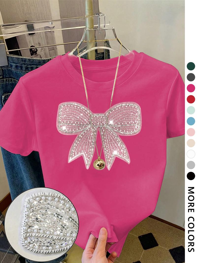 Women's Cartoon Bowknot Print Round Neck Tee, Fashion Casual Crew Neck Short Sleeve T-Shirt for Daily Holiday Vacation Outdoor Wear, Ladies Clothes for All Seasons, Top