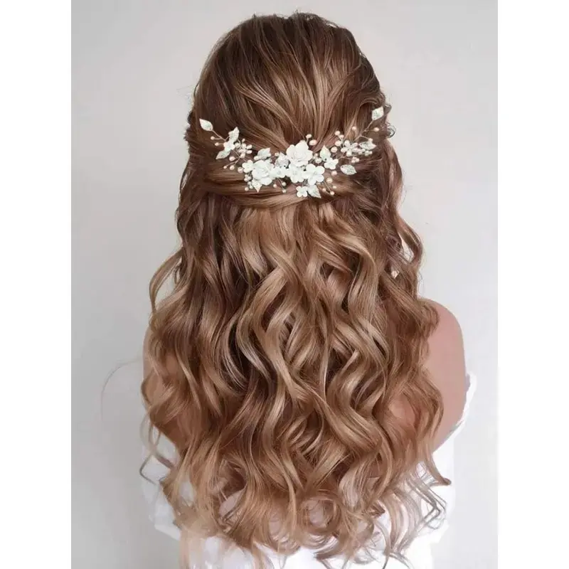 Flower Bride Wedding Hair Vine Pearl Bridal Headpiece Leaf Hair Accessories Hair Piece for Women and Girls (A Silver)