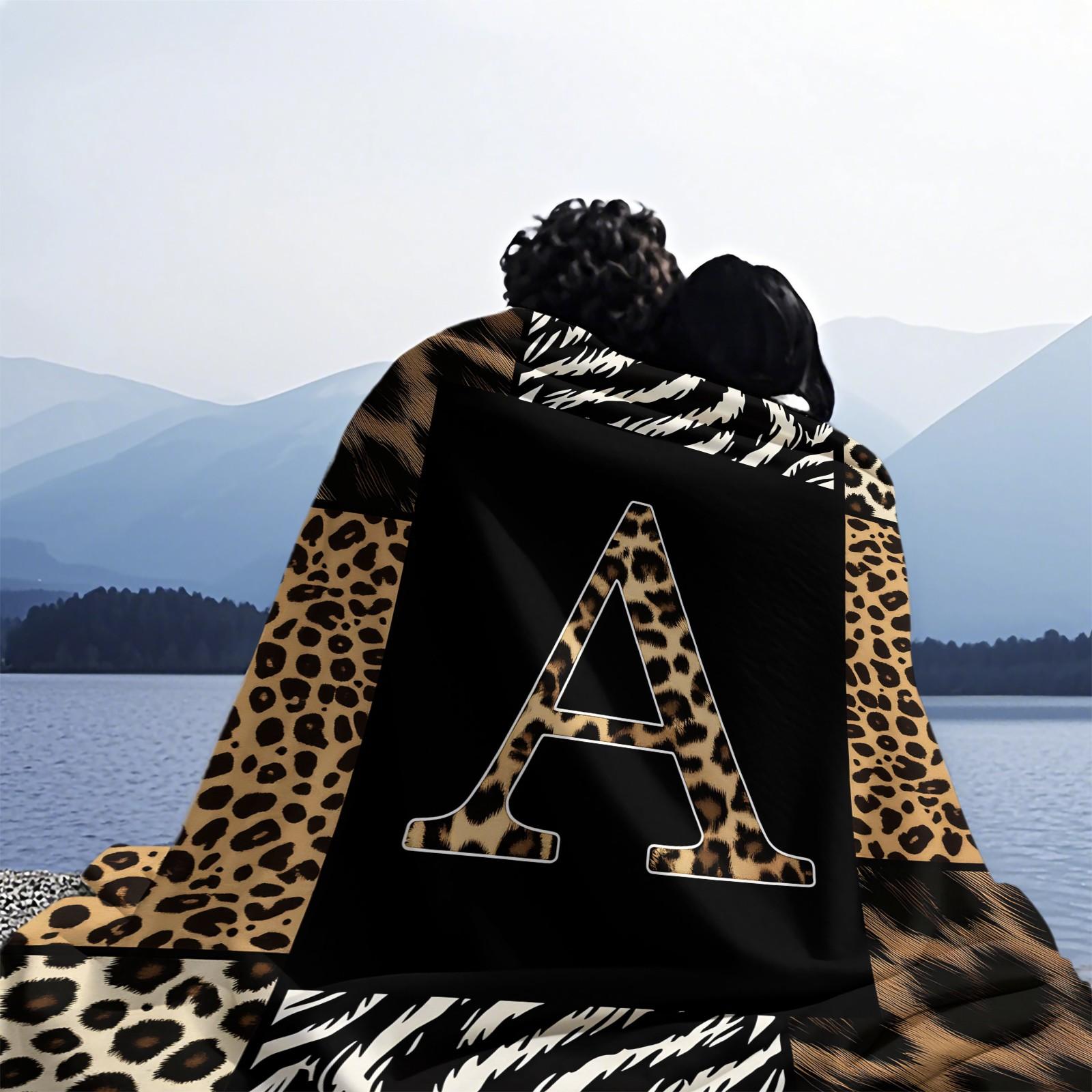 Animal Print Monogram Throw Blanket, Leopard Zebra Tiger Initial Soft Flannel Blanket for Sofa Bed, Gift for Animal Lovers