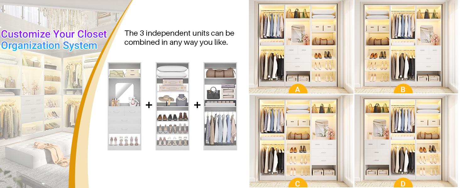 Cyclysio 75” Closet System with Shoe Rack and Hanging Rods, Modern Walk-in Closet Organization Wardrobe with Wooden Drawers and Mirror and Shelves