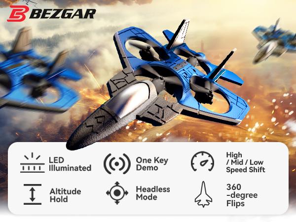 BEZGAR RC Stunt Fighter Jet Toy for Kids with 360° Flips & LED Lights | Easy to Fly Kids Drone,auto hover control aircraft,control plane fighter jet,remote control flying toys,rc jet life