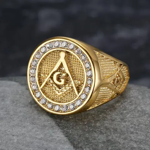 Men's Vintage Luxury Freemason G-Letter Cubic Zirconia Chunky Statement Ring - Stainless Steel Male Alternative Style Rings, Party Festival Gift Costume Accessory Jewelry
