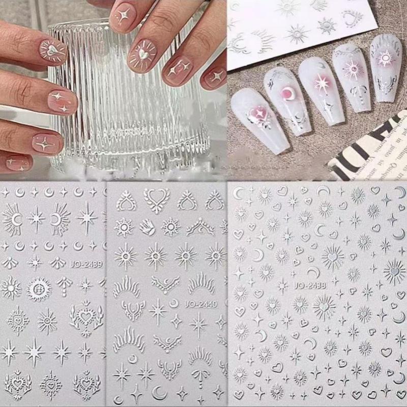 3D Star & Moon & Heart Pattern Nail Art Sticker, 6 Sheets Self Adhesive Nail Decal, French Nail Art Decoration for Women & Girls