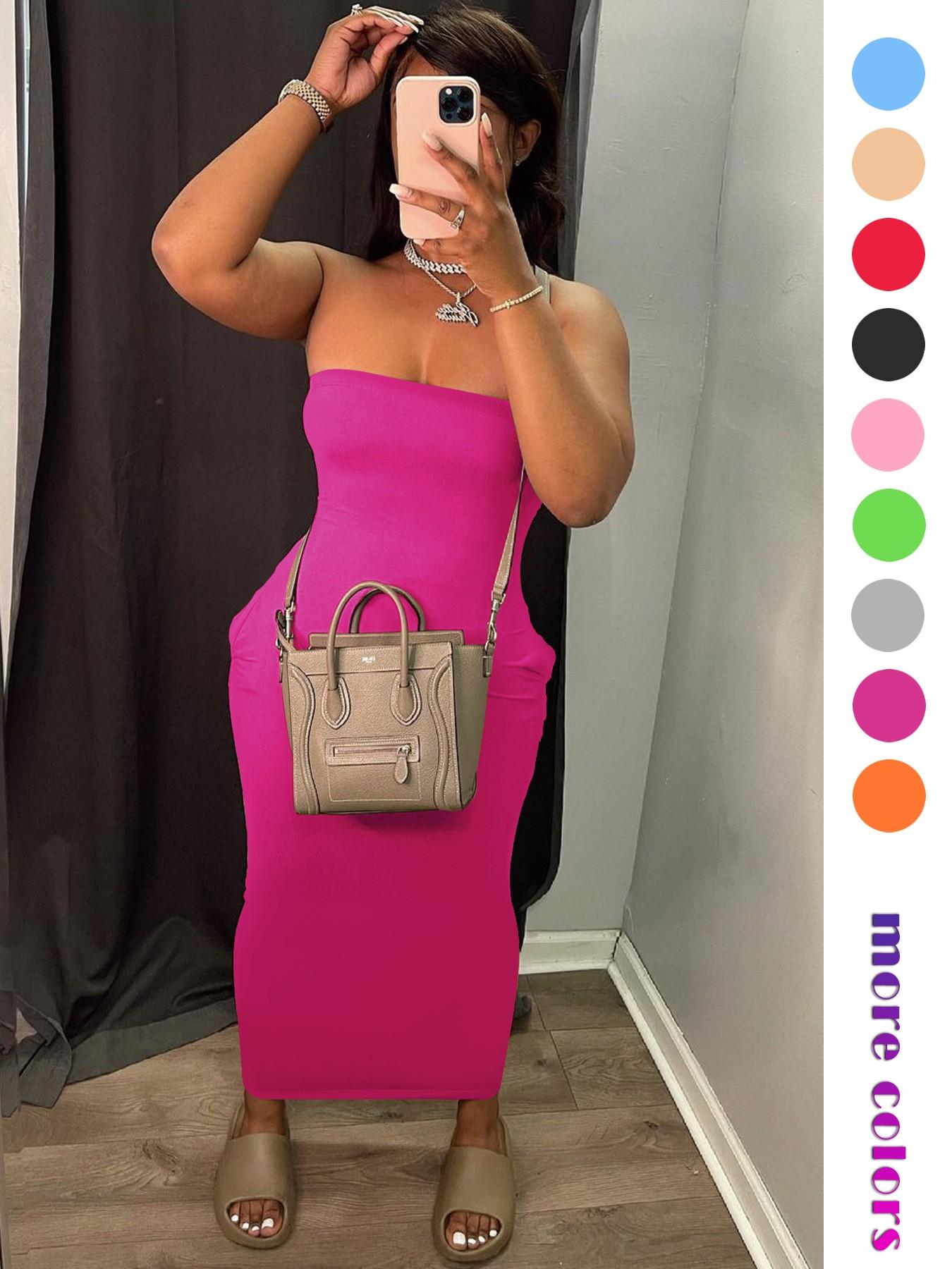 Women's 2026 Summer Tube Top Bodycon Maxi Dress, Sleeveless Ruched Backless Long Dress with Pockets, Stretchy Casual Going Out Vacation Party Dress for Women, Multiple Colors Available