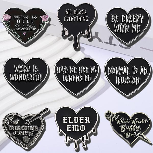 9PCS Black Heart Shaped Fun English Letter Pins Fashionable Brooches for Backpacks & Clothing Exquisite Enamel Perfect Gift Ideas