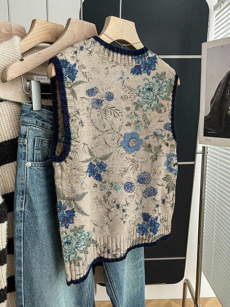 Women's Casual Loose-Fitting Round Neck Sleeveless Knit Top, Casual Comfy Vests, Deep Blue Color Block Print, Fall & Winter Fashion, Outerwear