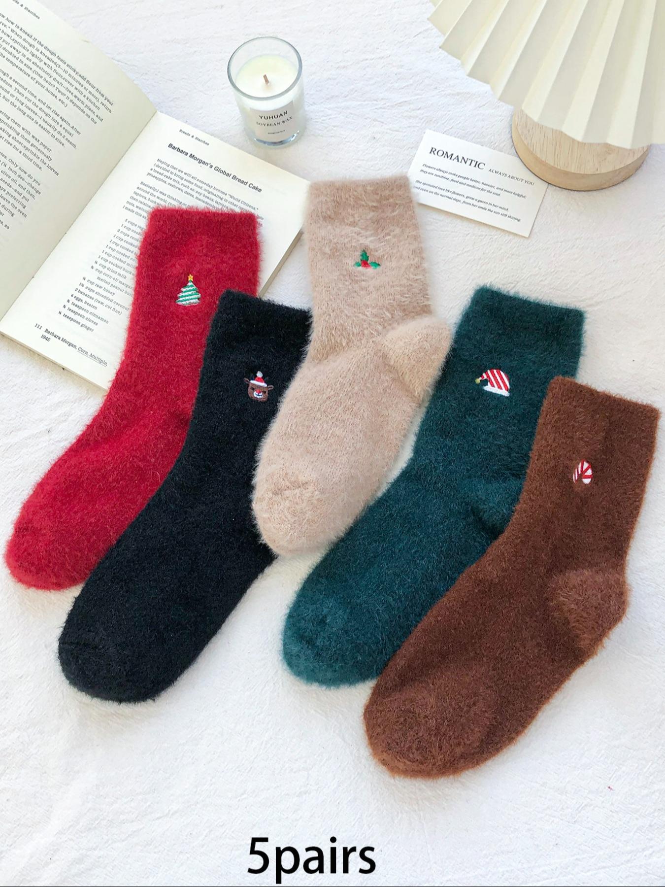 5 Pairs Sock Set Retro Solid Color Plush Middle Socks Christmas Embroidered Warm Socks Suitable for Daily Casual Wear