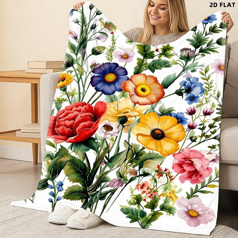 Vibrant Floral Printed Throw Blanket, Single - sided Printing, Multiple Specifications Available, Decorative Botanical Design with Colorful Flowers & Green Foliage, Ideal for Napping/Lounging, Soft Comfortable Material, Perfect for Home Relaxation