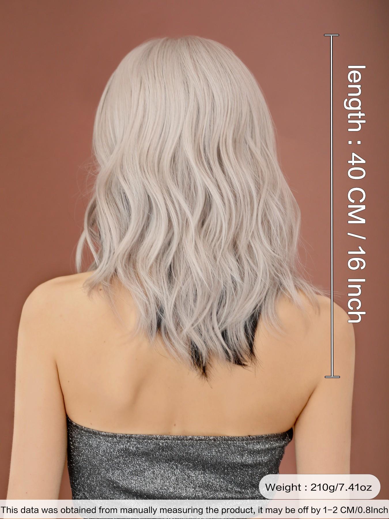 Two Tone Wig Silver Ash Pink Curly Wigs For Women 16 Inch Shoulder Length Wavy Wig With Bangs Synthetic Heat Resistant Fiber Beautiful Fluffy Wigs For Girls Daily Party Cosplay Use Beginner Birthday Gifts Synthetic Wavy Hairstyle ( Black Highlight Hair )