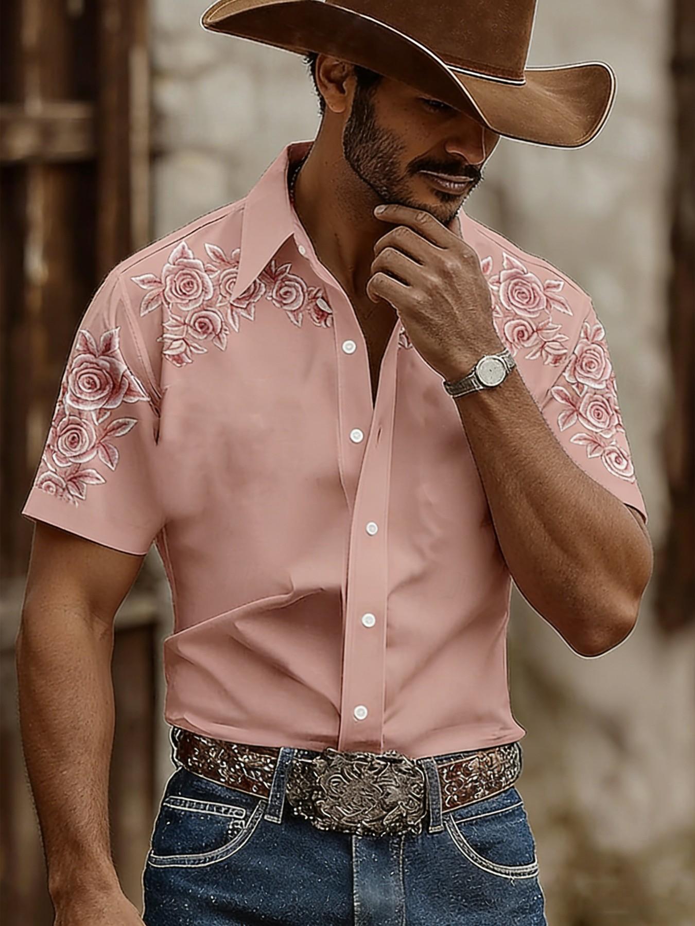 Men's Western Cowboy Style Rose Print Short Sleeve Shirt, Summer Casual Versatile Top, American Vintage Fashion
