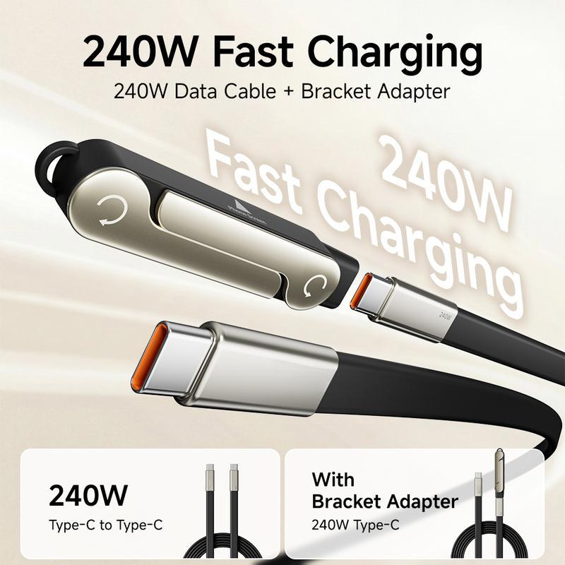 240W SuperCharge 2-in-1 Detachable Type-C Charging Cable, Zinc Alloy Silicone Cable with Rotating Invisible Stand, Single-Head Extend Charger for Apple & Samsung Smartphones, Ideal for Gaming & Car Use
