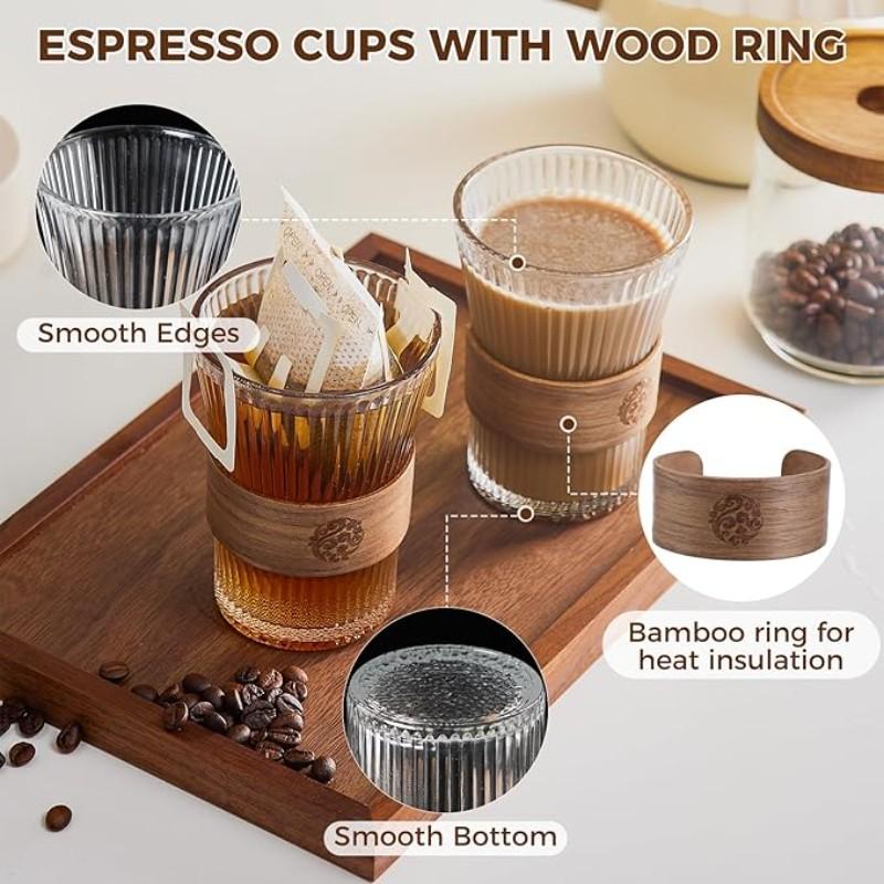 2pcs 320ML Glass Coffee Cups with Bamboo Sleeve, Espresso Drinking Set, Home Essential Glassware, Clear Cups for Beer, Cocktail, Tea, Latte