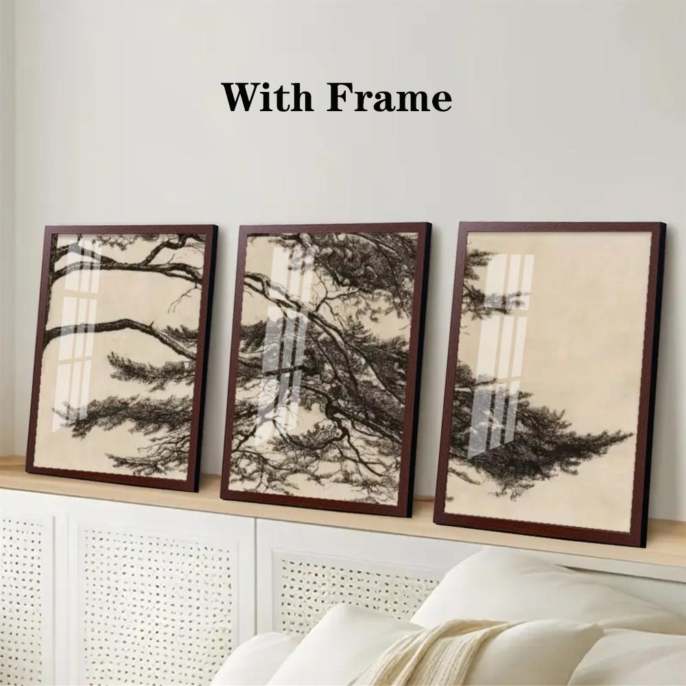 3-Piece Optional Wooden Frame Vintage Pine Tree Branch Botanical Art Poster High Grammage Moisture-proof Micro-spray Flat Surface No Color Difference Home Wall Decor