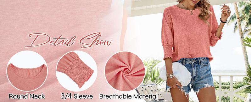 Danedvi Women's 3/4 Sleeve Casual Tops Solid Color Crew Neck Loose Fit Shirts Blouses Shorts Skirts Danedvi Women's 3/4 Sleeve Casual Tops Solid Color Crew Neck Loose Fit Shirts Blouses Shorts Skirts