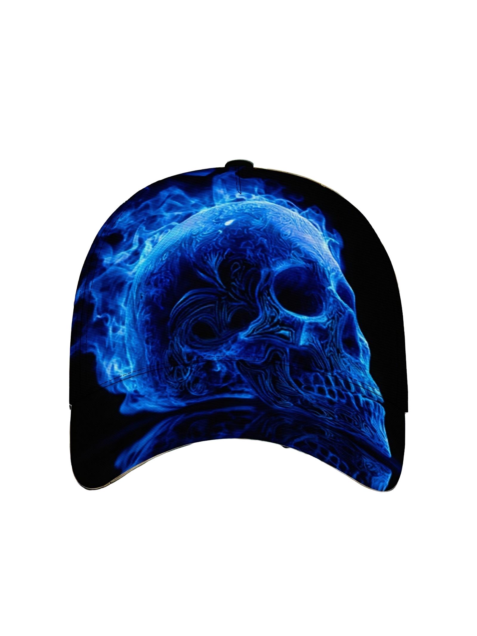 Adjustable Baseball Cap, Blue Flame Skull Print, Lightweight Polyester, Foldable Breathable, Unisex Casual Hat
