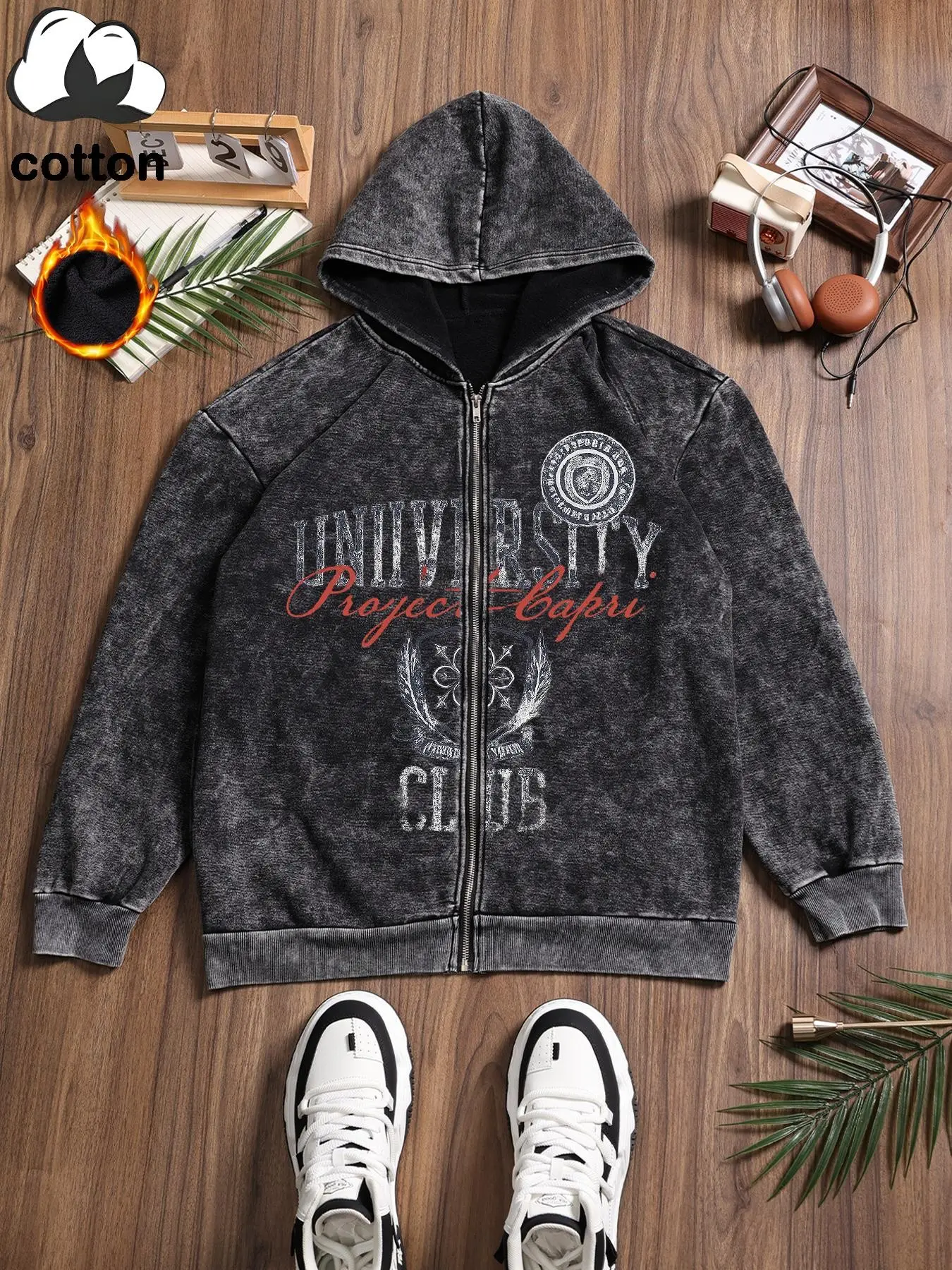 Letter Badge Print Sweatshirt, Long Sleeve Fitted Cotton Jacket, Casual Fall Winter Women's Outerwear, Washed Design