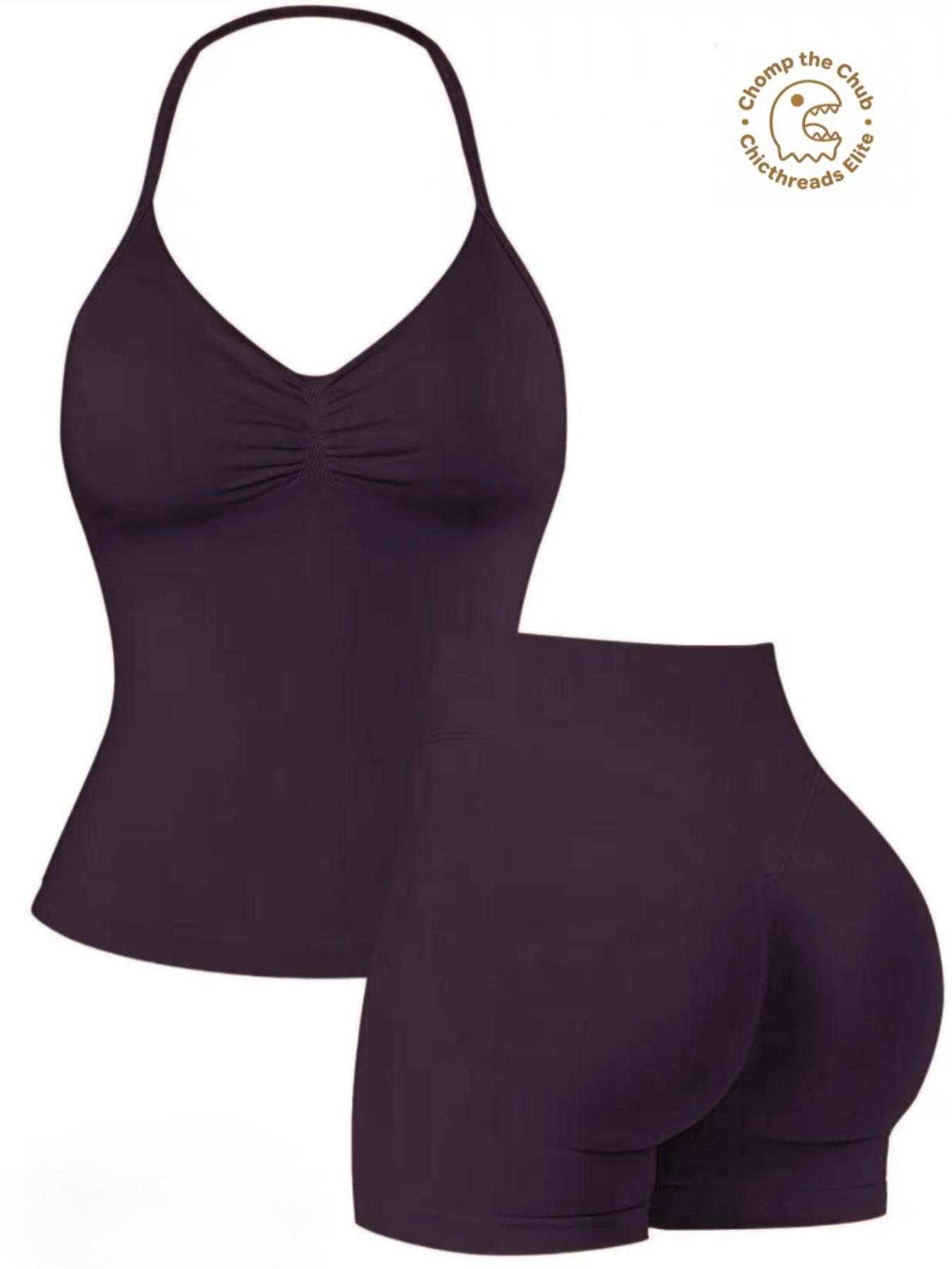 Bootie Lifting & Snatched Waist Yoga Set, Halter Ruched Top + High Waist Sculpting Shorts, Ideal for Gym, Yoga, Activewear, Gym Workout Set, High Stretch Sporty, Gym Clothes Workout