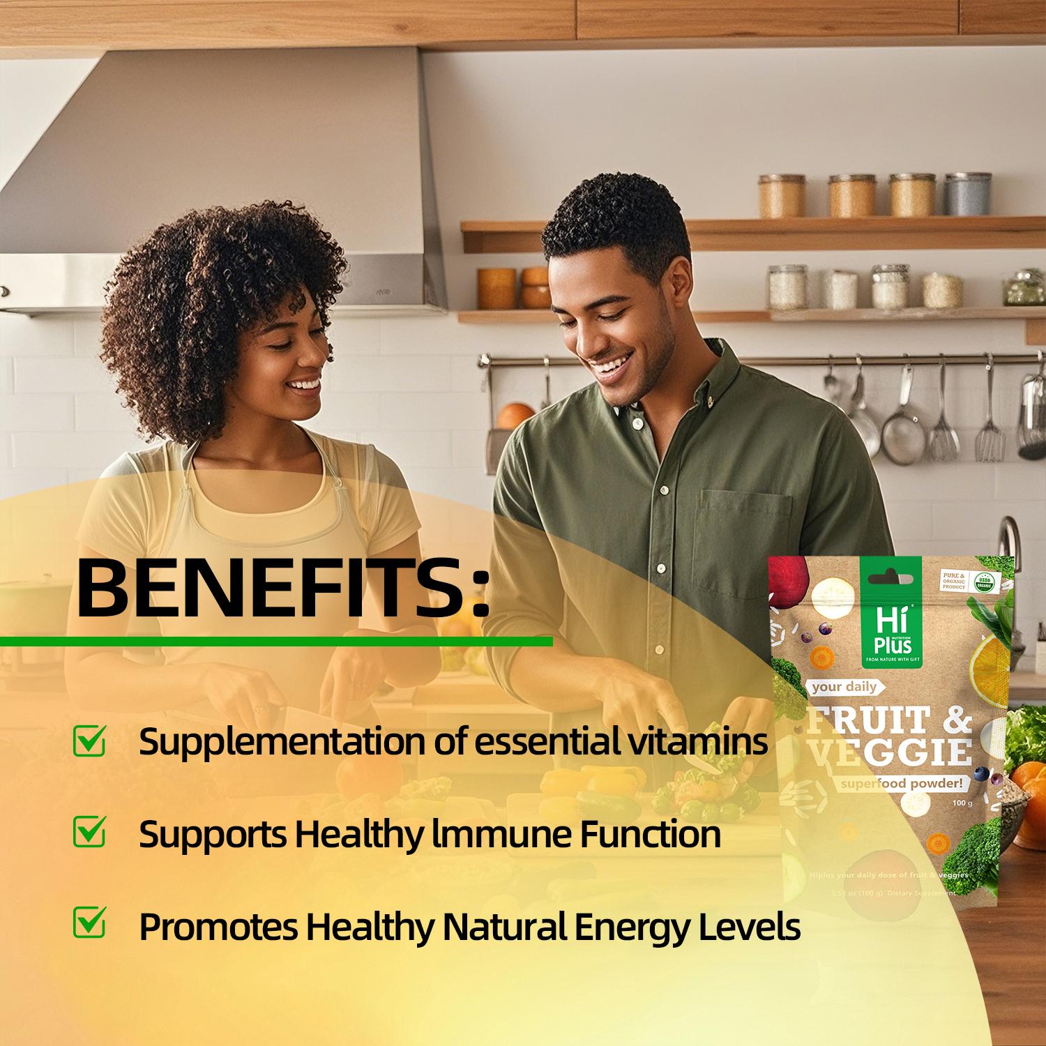 HiPlus Organic Fruits & Vegetables Powder Superfood Blend Daily Energy + Essential Vitamins | USDA Certified, Vegan Powder for Smoothies & Baking | Hidden vegetable recipes | 3.52oz pantry staple| Non-GMO, Gluten-Free, Easy Mixing