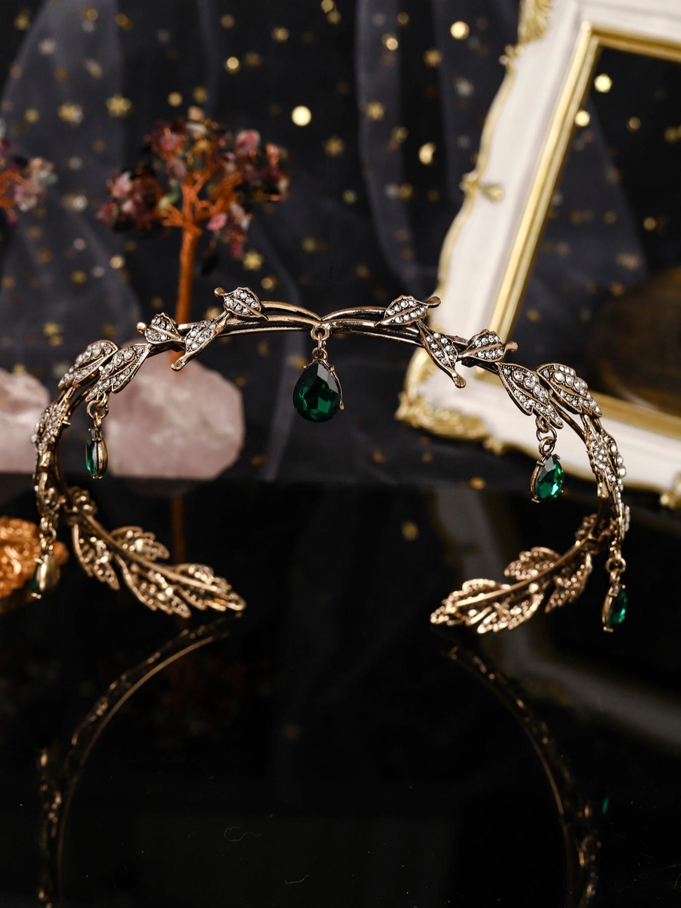 Vintage Creative Alloy Rhinestone Leaf Water Drop Pendant Headpiece Crown, Adjustable Bridal Party Accessory, Holiday Gift