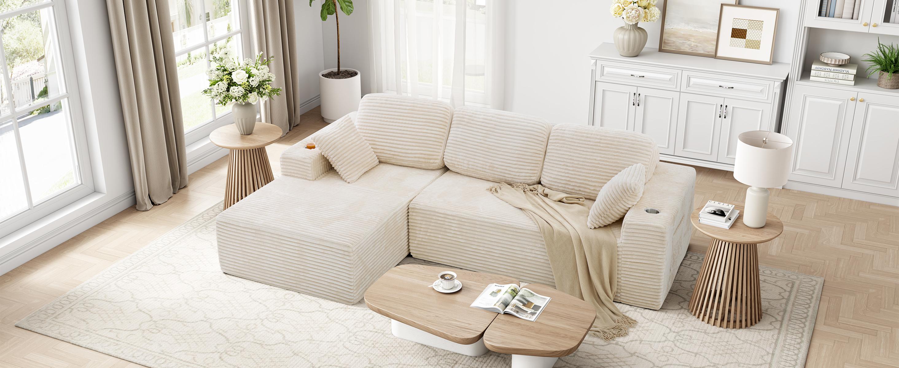 【2 Packages Shipping】LIKIMIO 110" Modular Sectional Sofa, Cloud Couch with 2 Cup Holders & Storage Pockets, Modern L-Shape Couch with Deep Seat and Chaise for Living Room