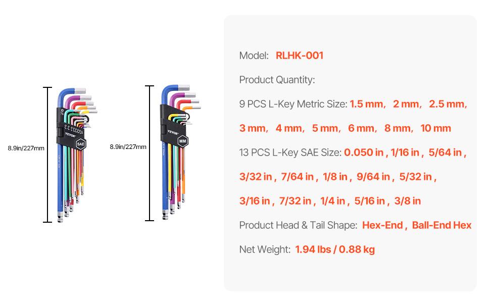 VEVOR CR-V Alloy Foldable L-Shaped Corner Hex Key Allen Wrench Set, 22 Pcs Color-Coded SAE (0.050-3/8 in) & Metric (1.5-10 mm) Ball End Tip Extended Handle for Bicycle Repair, Household Use
