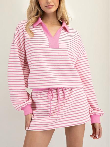 Women's Fashion Casual Striped Knit Top & Drawstring Waist Skirt Set, Loose Fit Home Wear, Comfortable Two-Piece