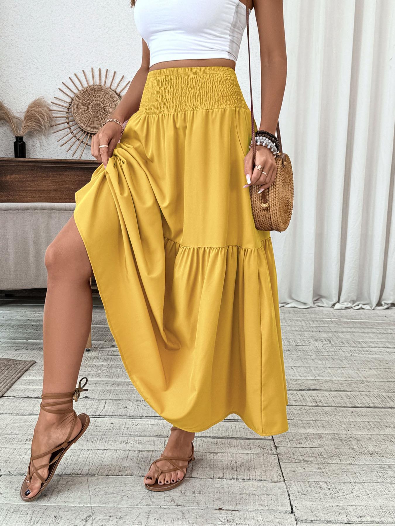 Women's Floral Casual A-Line Ruffled Skirt, Elastic Waist Pockets, Leaf Hem, Long Fitted Skirt, Fashionable Mid-Length Dress