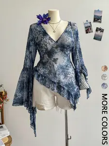 Women's Lightweight Breathable Butterfly Print Top, V Neck Flare Sleeve Asymmetric Hem , Casual Fashion Shirt