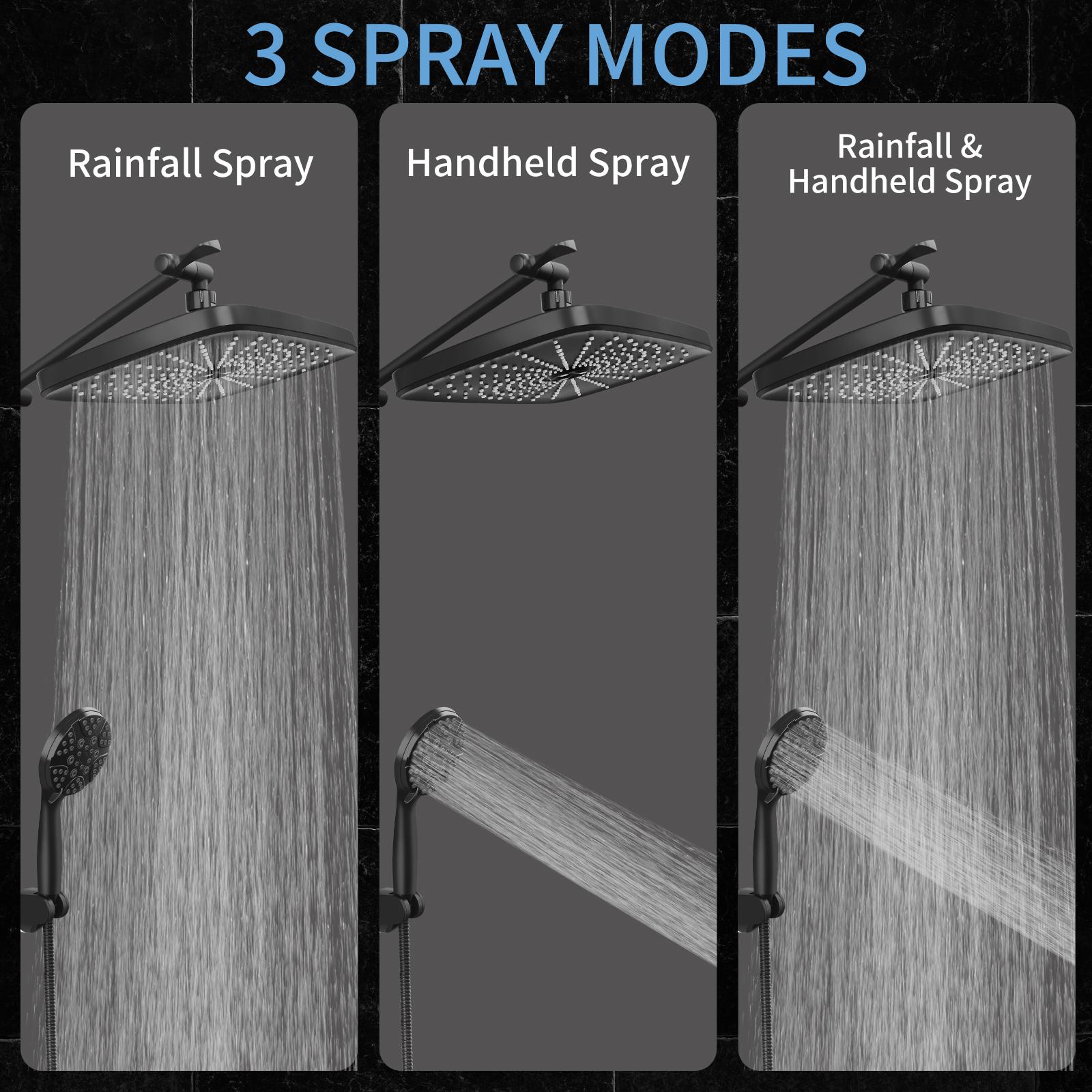 PHANCIR 12" High-Pressure Rain Shower Head, Adjustable Extension Arm, Anti-Clog Nozzles, 3+5+2 Spray Settings Handheld Shower Modern