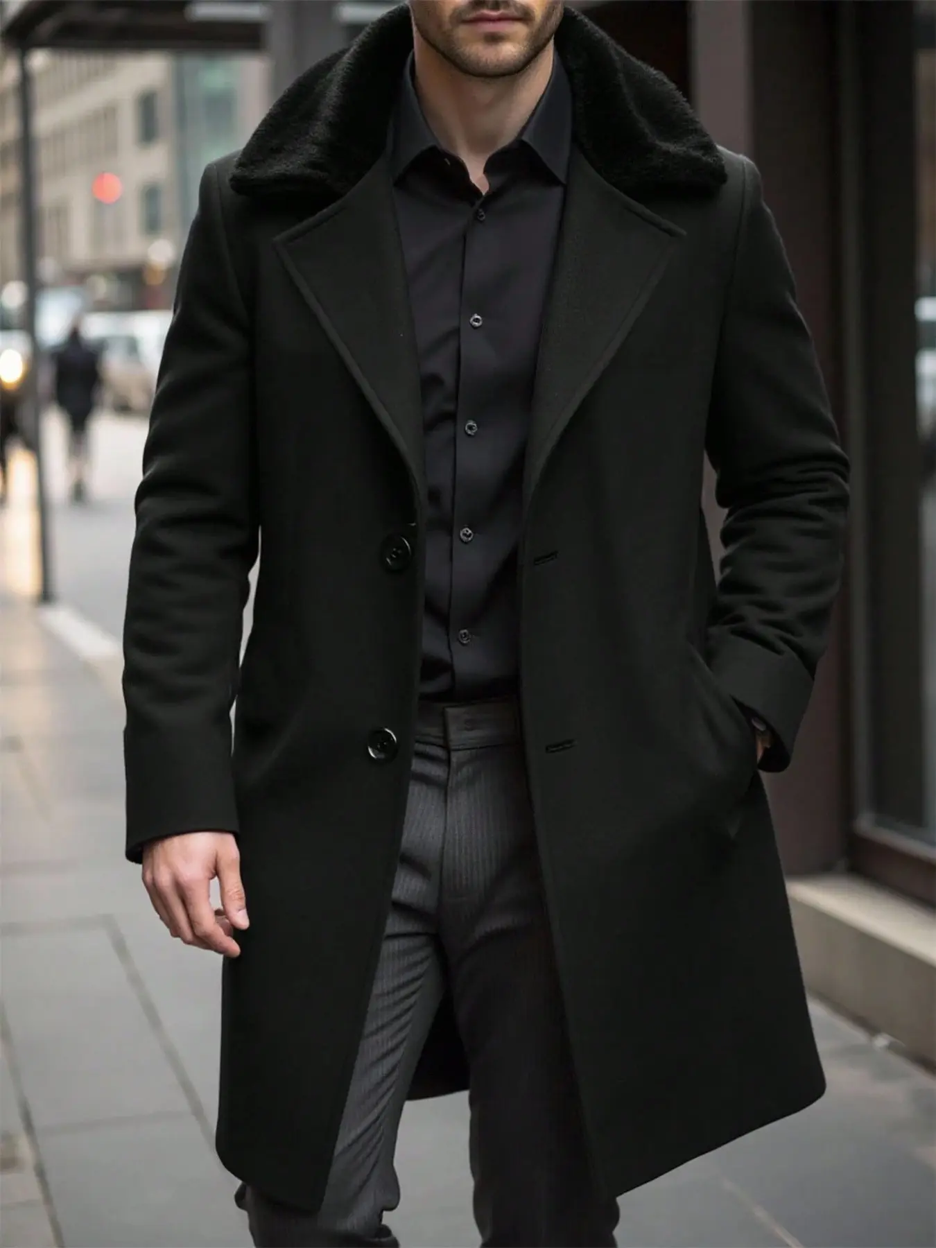 Men's Faux Fur Lapel Single Button Coat, Windproof Warm Mid-Length Slim Fit Jacket, Fall Winter Casual for Commute Dating Daily Wear