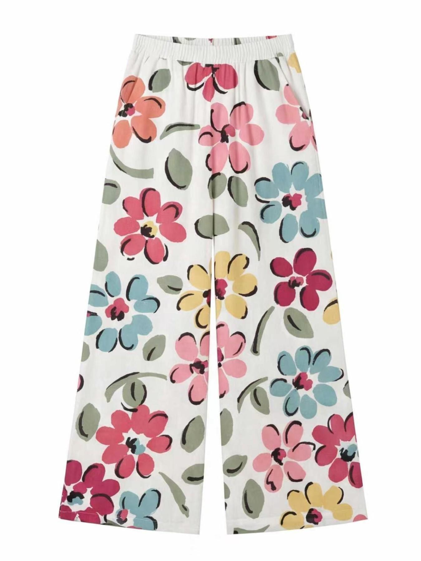 Women's Casual Bohemian Style Boho Floral Print Wide-Leg Loose Baggy Pants, Comfortable & Breathable Elastic Fabric, Ideal for Vacation, Home and Daily Wear, Suitable for Spring, Summer and Fall