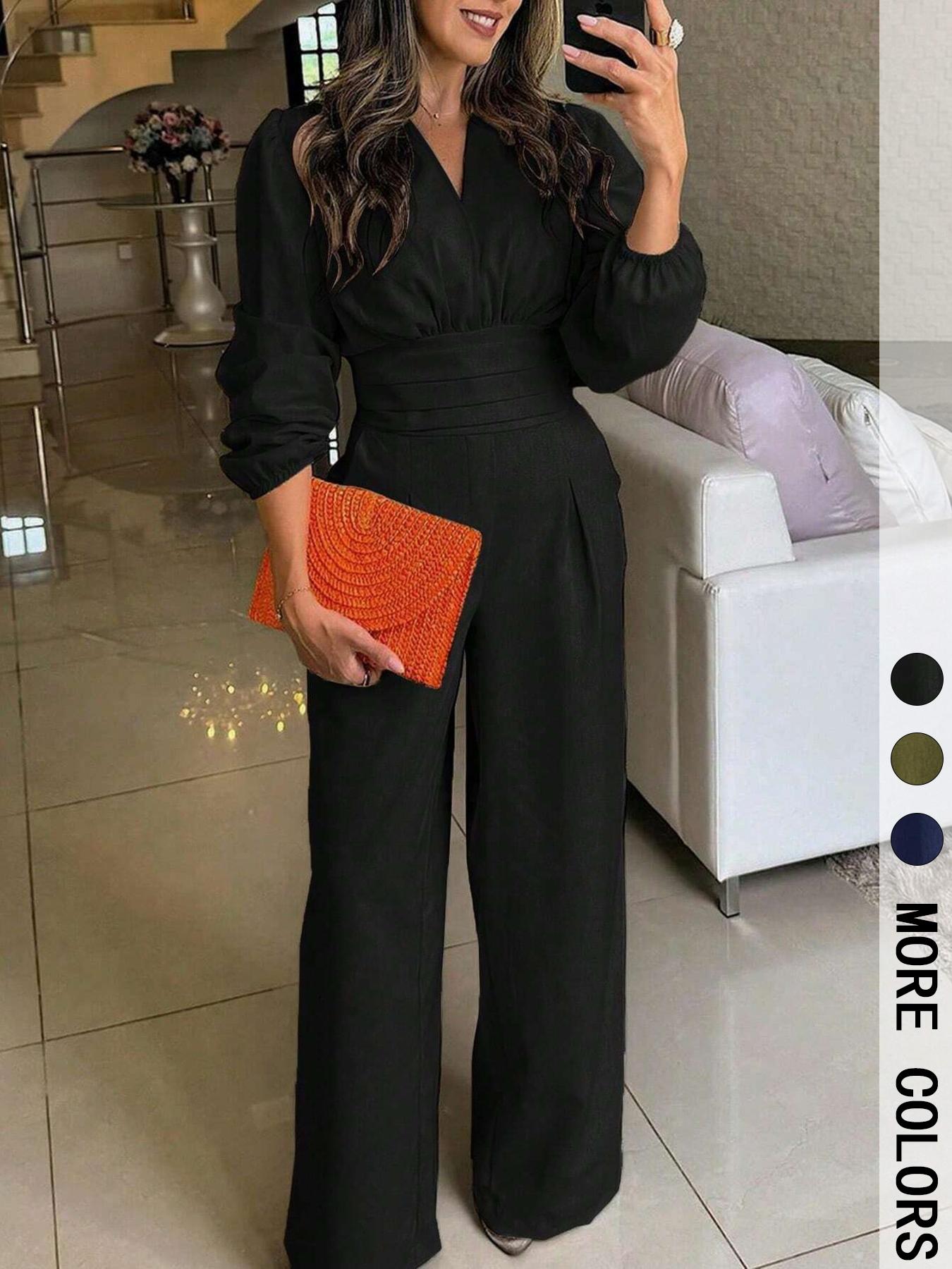 Women's Solid Color Aesthetic Puff Sleeve Wide-Leg Pleated Jumpsuit , Structured Material Fabric & Cutout Waist Detail & High-Waisted Silhouette & Fitted & Loose Legs & Multi-Color Options 1pc