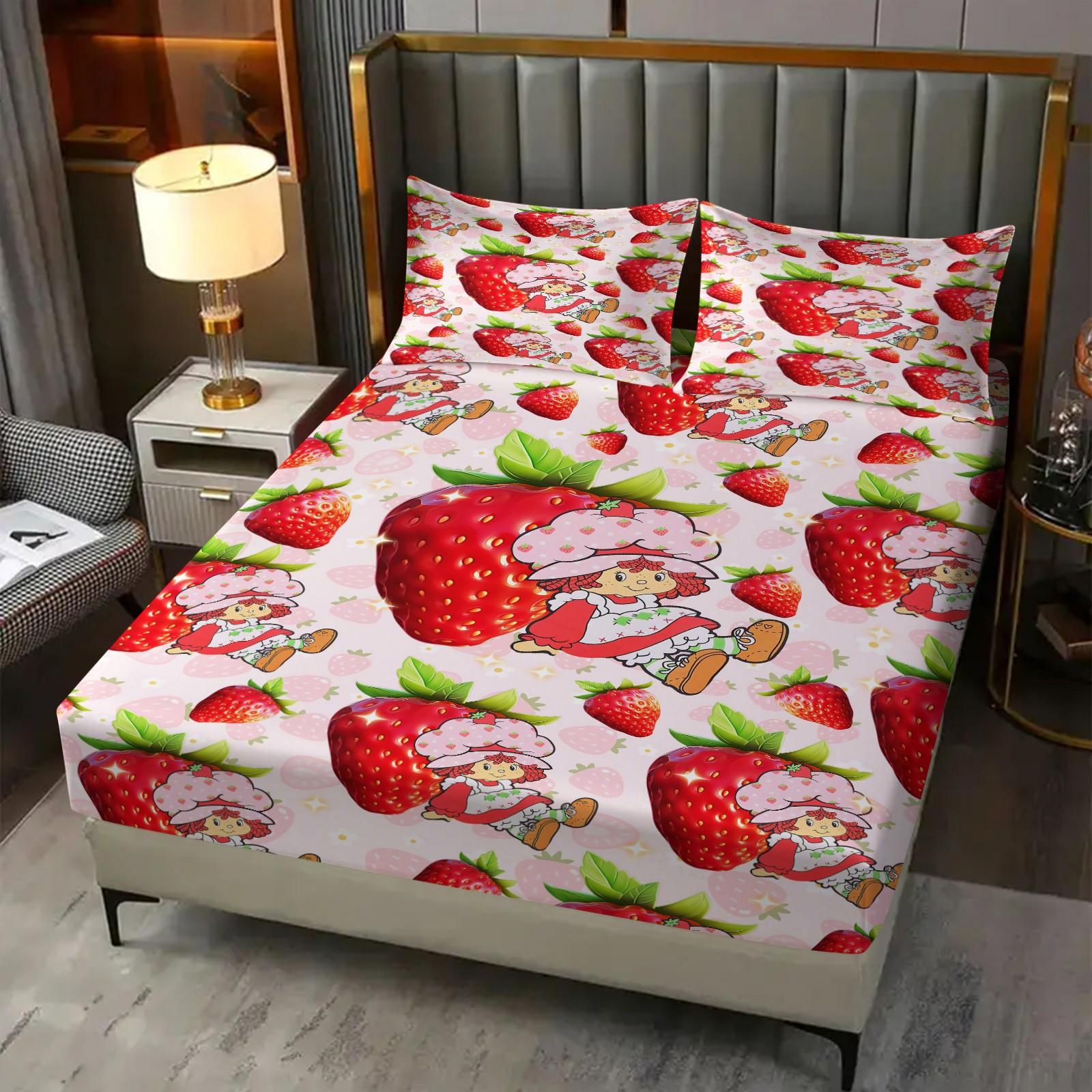 Strawberry Shortcake Purple Dot Fitted Sheet Set, 1 Fitted Sheet + 2 Pillowcases - 3 Pcs Soft Bedding with Deep Pocket, 360° Full Coverage, Wrinkle Free, Cute Strawberry Cartoon Bed Sheets for Girls, Full Size