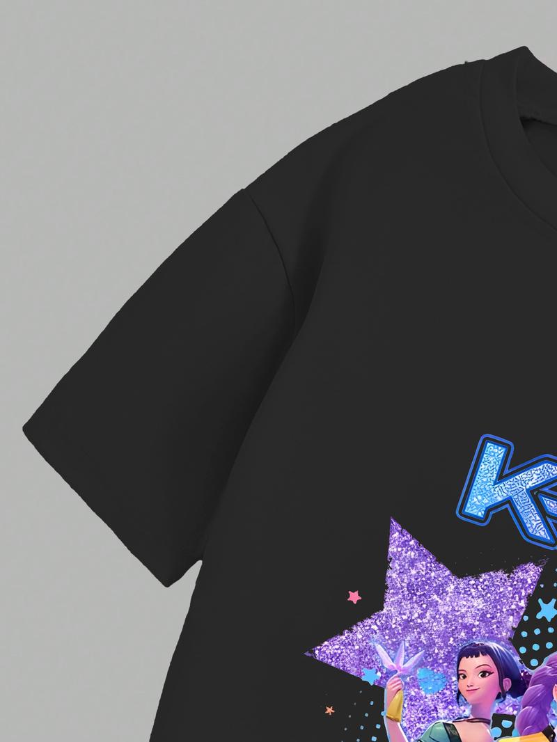 K-Pop Demon Hunters Girl Set, Y2K Sweet Cool Kpop Style, Short Sleeve T-Shirt & Derpy Huntrix Cartoon Pants