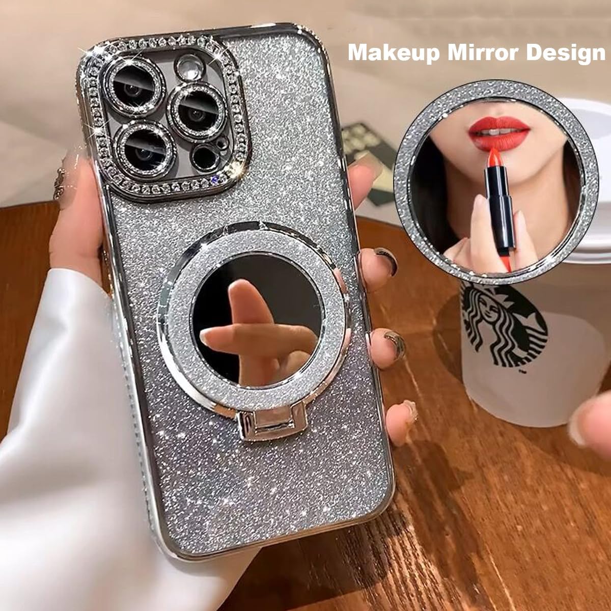 Mirror Kickstand Glitter Diamond Case for iPhone 16 15 14 13 12 11 Pro Max,Magnetic Stand Holder,Camera Lens Protector, Rhinesetone Bing Cover Case
