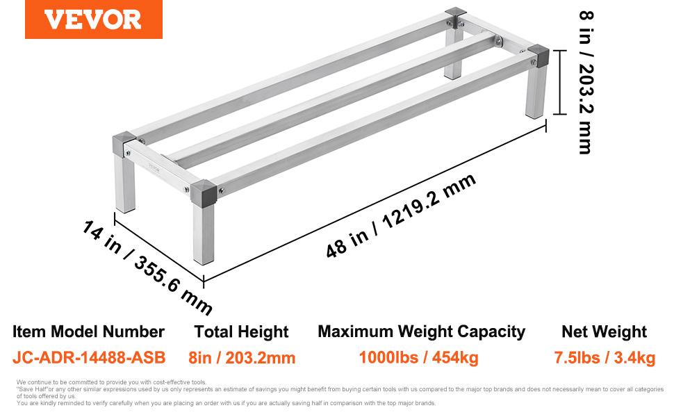 VEVOR Aluminum Dunnage Rack, 48x 14 Commercial Food Floor Rack, 8 Off the Floor, 1000 lbs Capacity All-Welded Aluminum Storage Rack, for Storage in Restaurants, Kitchens, Garages and Vehicles
