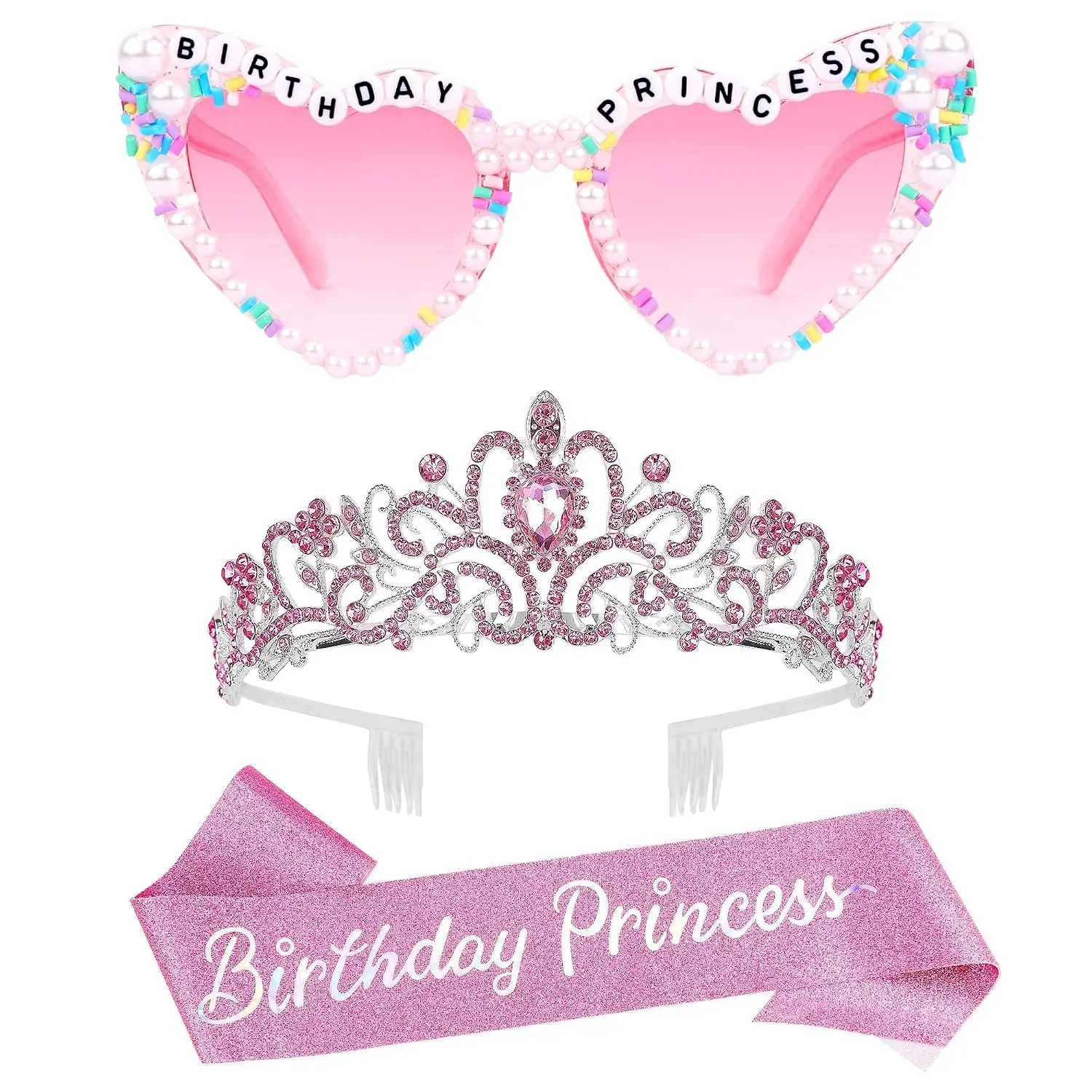 Pink Birthday Princess Glasses, Sash Tiara Crown for Women Girls, 3 Pcs Elegant Tiaras Crowns Hair Accessories Happy Birthday Party Decorations GiftsGift