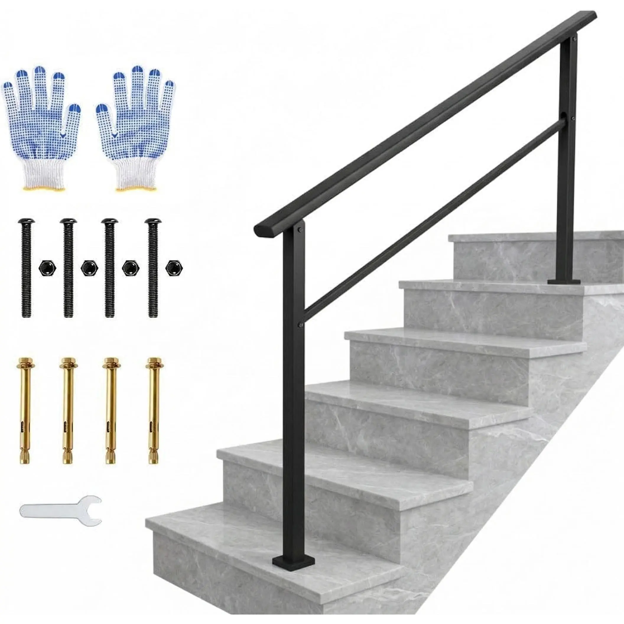GARVEE 5-Step Outdoor Stair Railing Kit, Adjustable Angle Black Aluminum Top Rail with Iron Posts & Wood Screws for Porch, Deck (1 Pack)