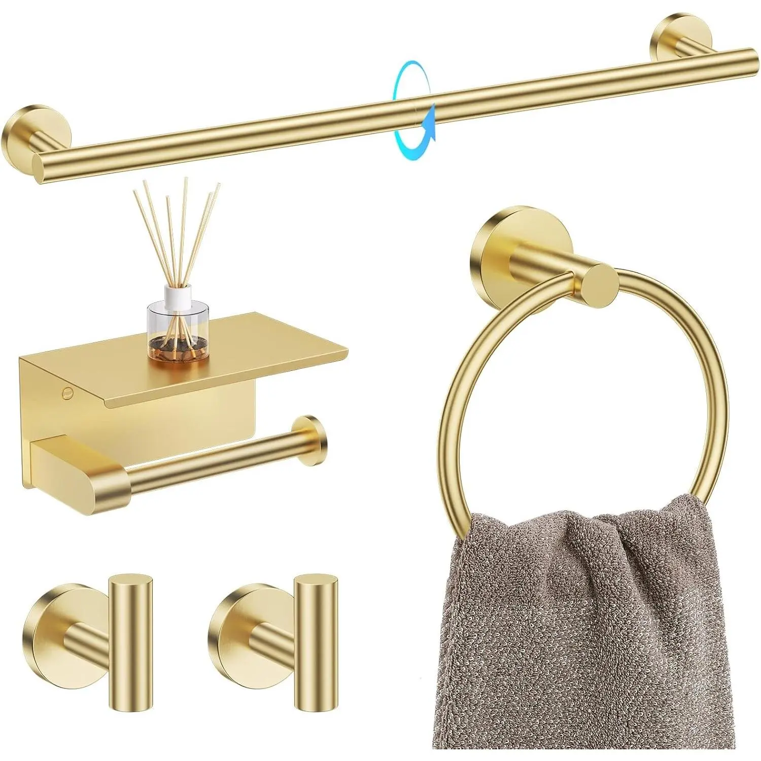 5 Piece Bathroom Hardware Set, Brushed Gold Bathroom Accessories | SUS304 Stainless Steel, 23.6" Brushed Gold Toilet Paper Holder with Shelf, Towel Racks for Bathroom Wall Mounted, Towel Bars