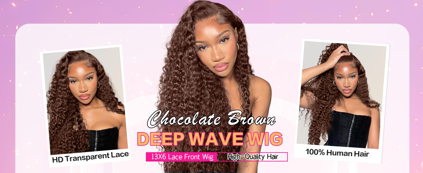2026 TikTok Shop Deal Chocolate Brown Deep Wave Lace Front Wigs Human Hair 180 Density 13x6 HD Lace Frontal Wigs Curly Human Hair Brown Glueless Wig For Women Pre Plucked with Natural Hairline Valentine's Day Gift