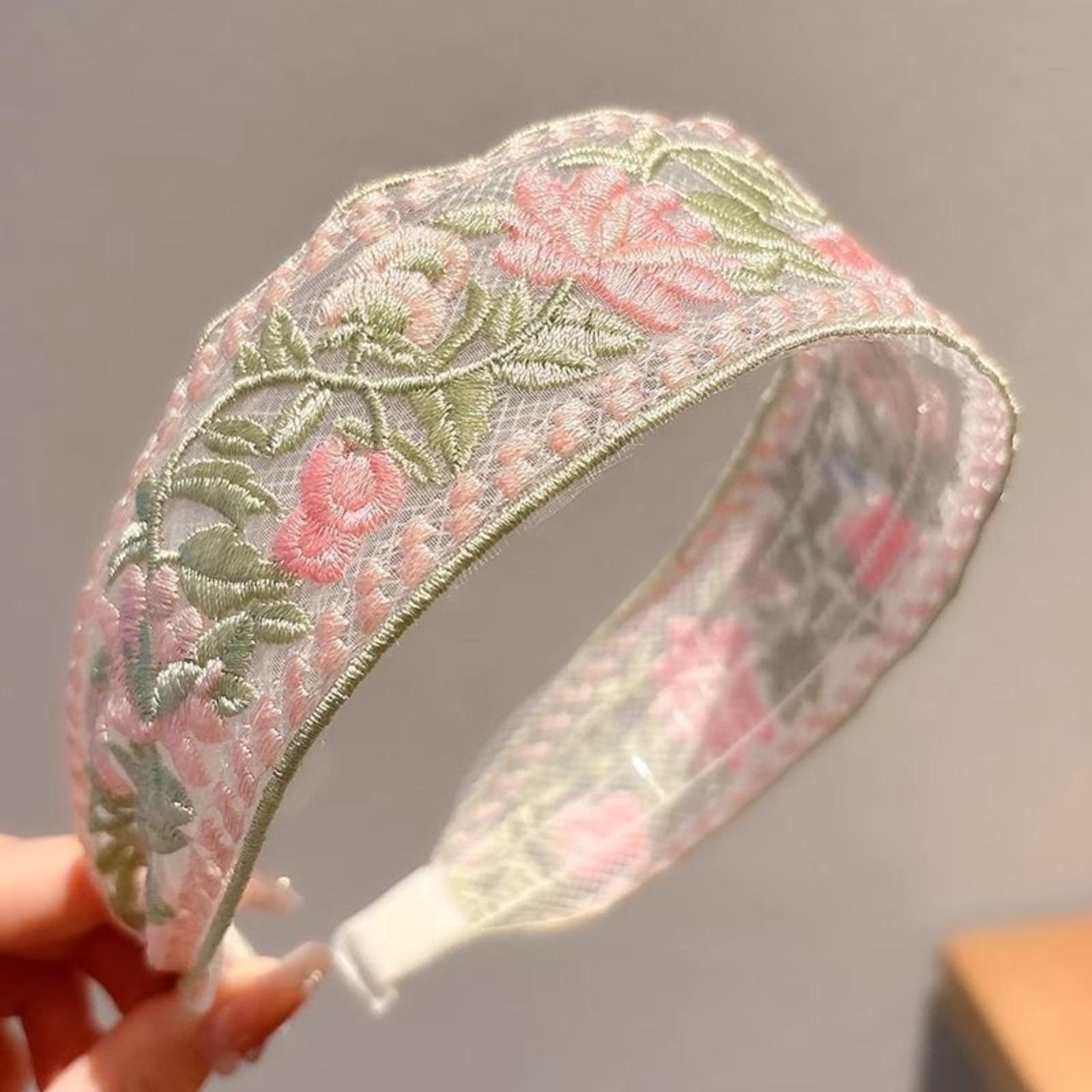 2026 Spring Summer Ethnic Lace Embroidery Floral Wide Headband, Fluffy High Crown Elegant Ruffle Hair Accessories for Girls Women